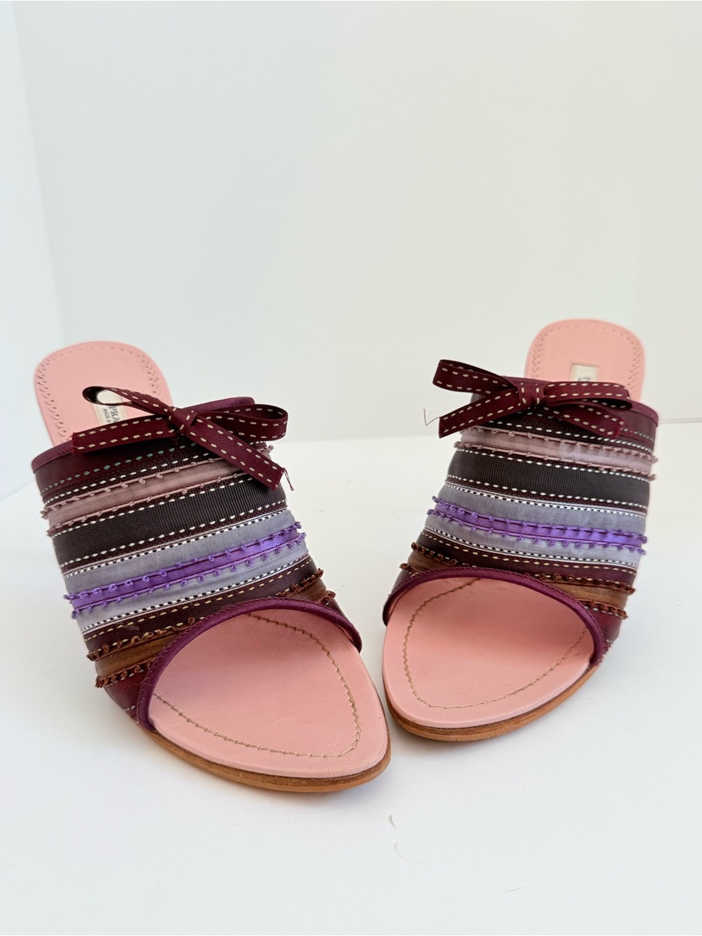 Prada Y2K Pink Purple multiple color ribbon bow whipstich high heel Mule EU 39.5